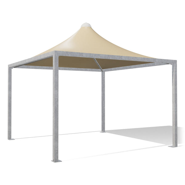 Gazebo Airone Middle 4x4 zincato a punta con telo beige RAL 1014, vista 3D di tre quarti