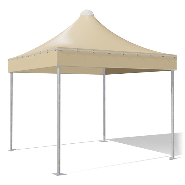 Gazebo 3x3 Airone Basic in acciaio zincato con montanti tondi Ø60 e telo beige, tetto a punta, vista di tre quarti