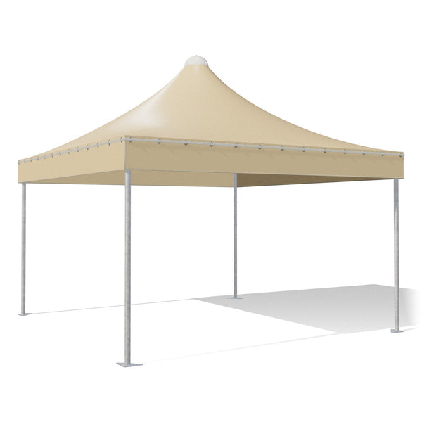 Gazebo 4x4 Airone Basic in acciaio zincato con montanti tondi Ø60 e telo beige, tetto a punta, vista di tre quarti