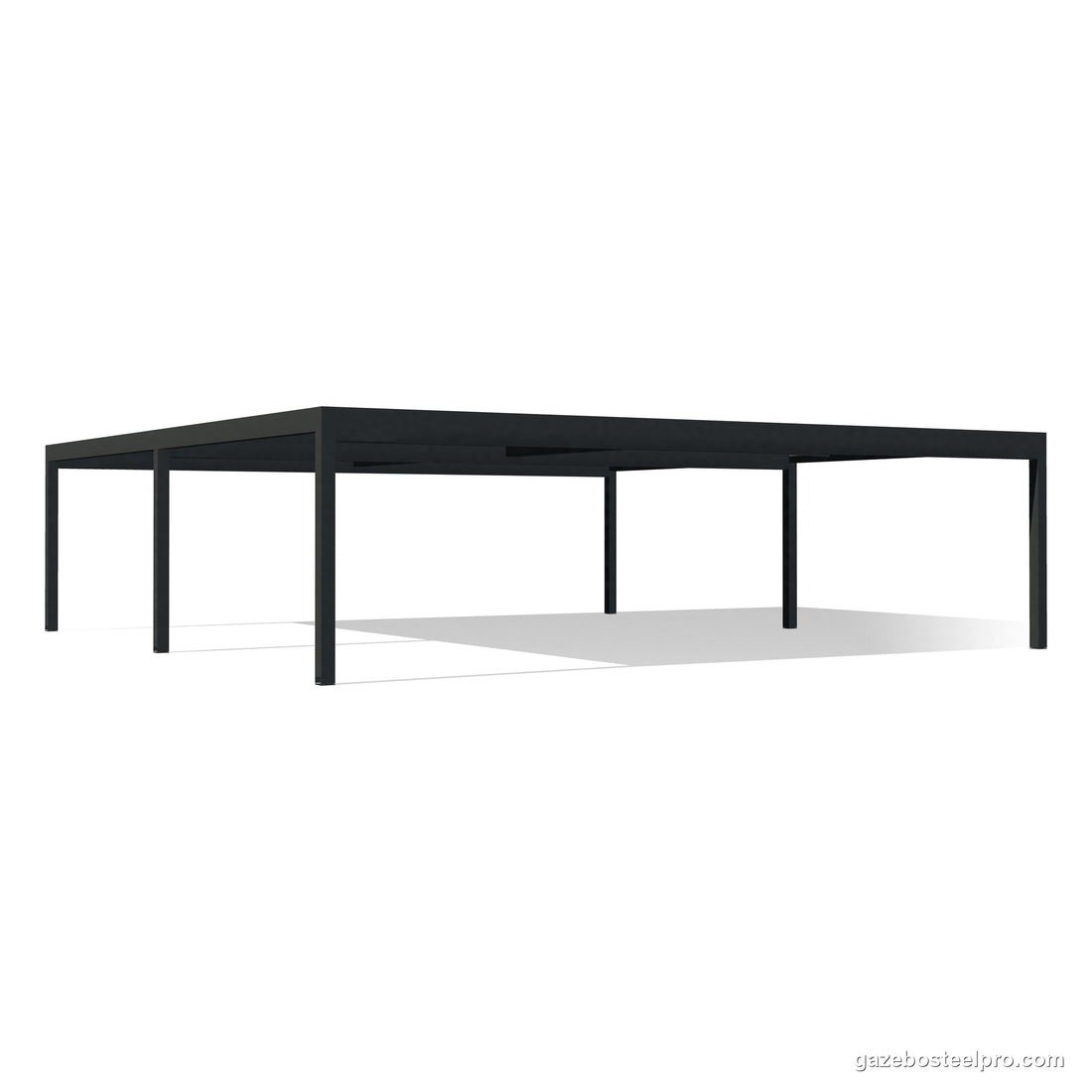 Due moduli QBox Big in fila, 10 × 10 m, liberi davanti e dietro: 6 montanti in tutto, vista 3D