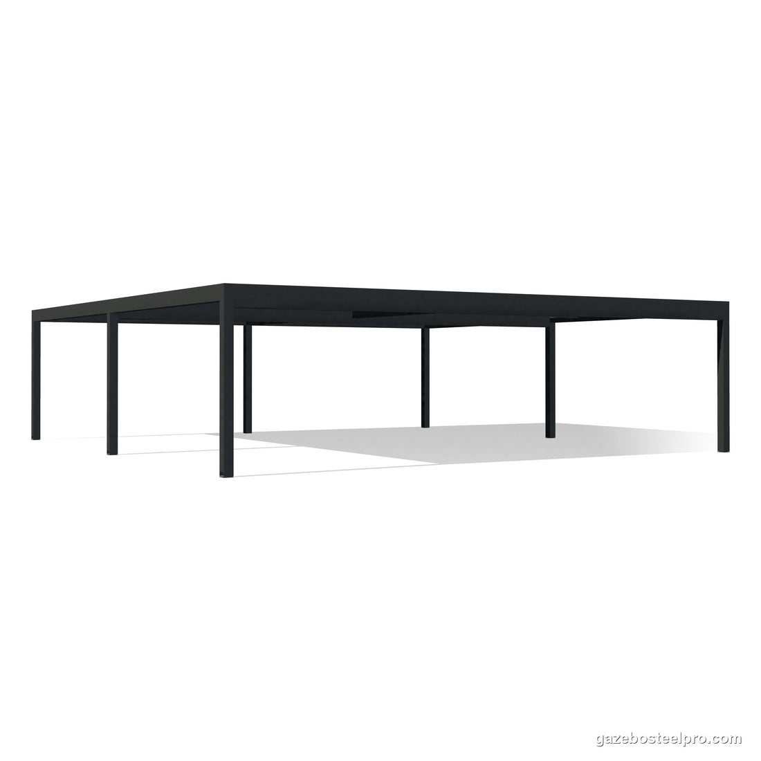 Due moduli QBox Big in fila, 10 × 10 m, con l'entrata libera davanti e la trave di accoppiamento 342 × 150, vista 3D