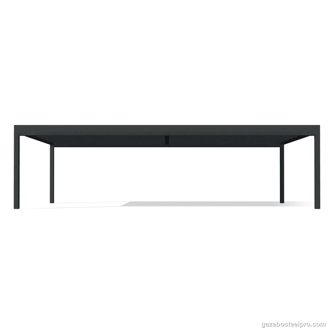 Pergola QBox Linea Big 10 × 6 m vista di fronte: trave rinforzata davanti e dietro, solo i 4 montanti d'angolo, vista 3D