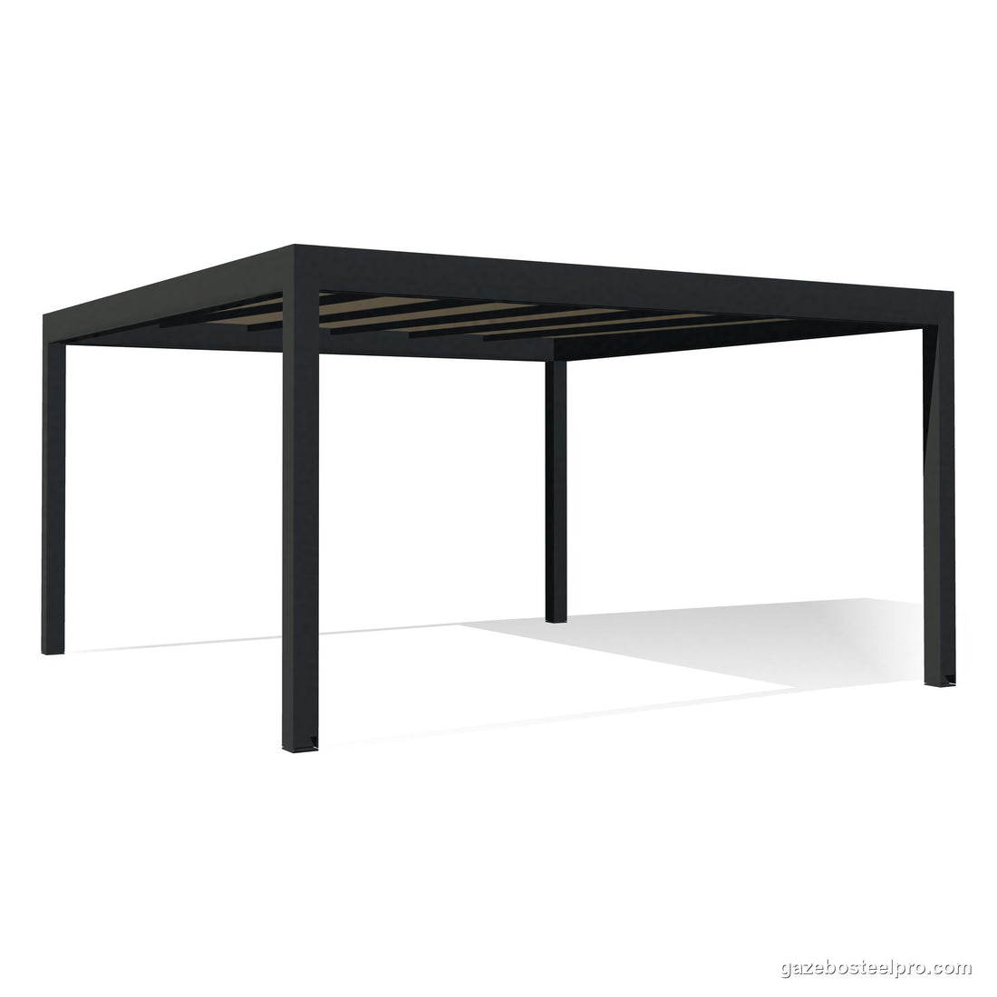 Pergola QBox Linea Medium 5 × 5 m autoportante con copertura fissa, vista 3D di tre quarti