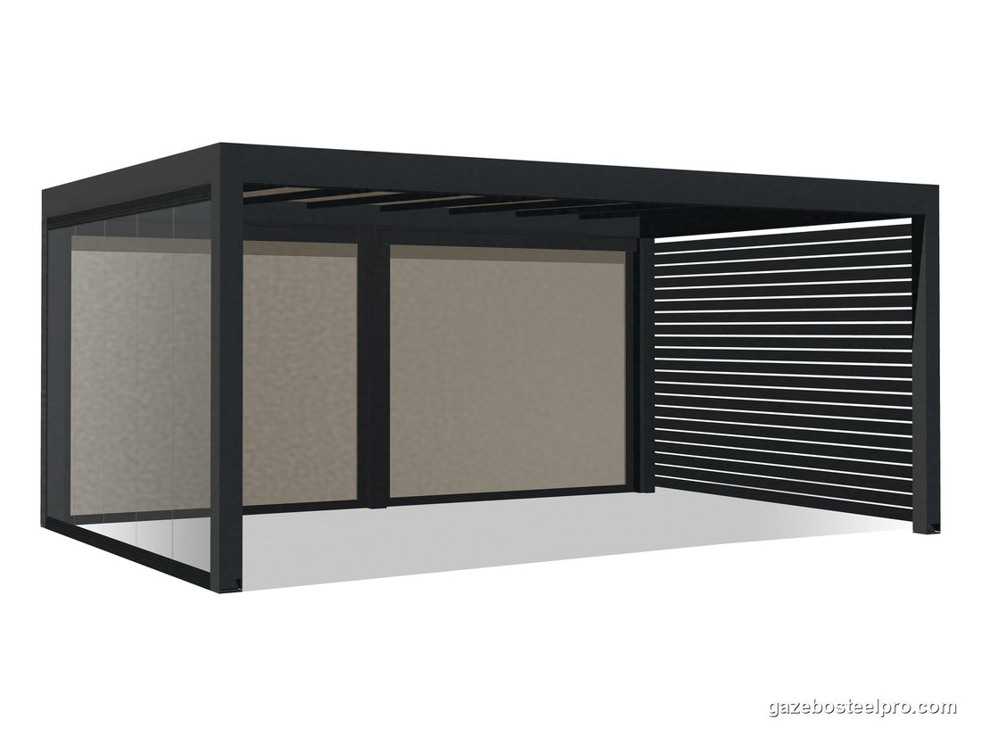 Pergola QBox Linea Medium 6 × 4 m con tenda ZIP dietro, vetrata scorrevole a sinistra e parete Canadian a destra, vista 3D