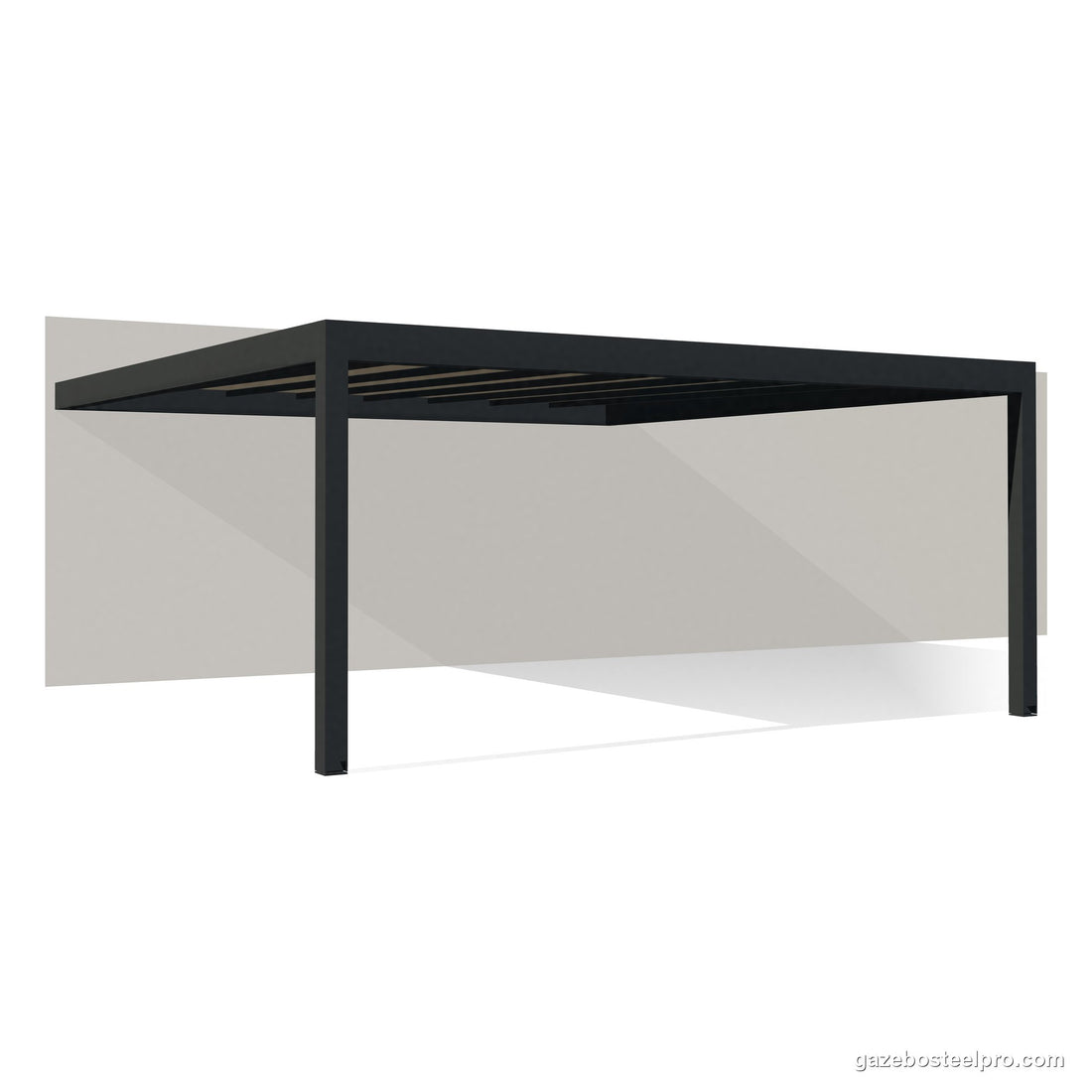 Pergola QBox Linea Medium 6 × 6 m addossata al muro, vista 3D