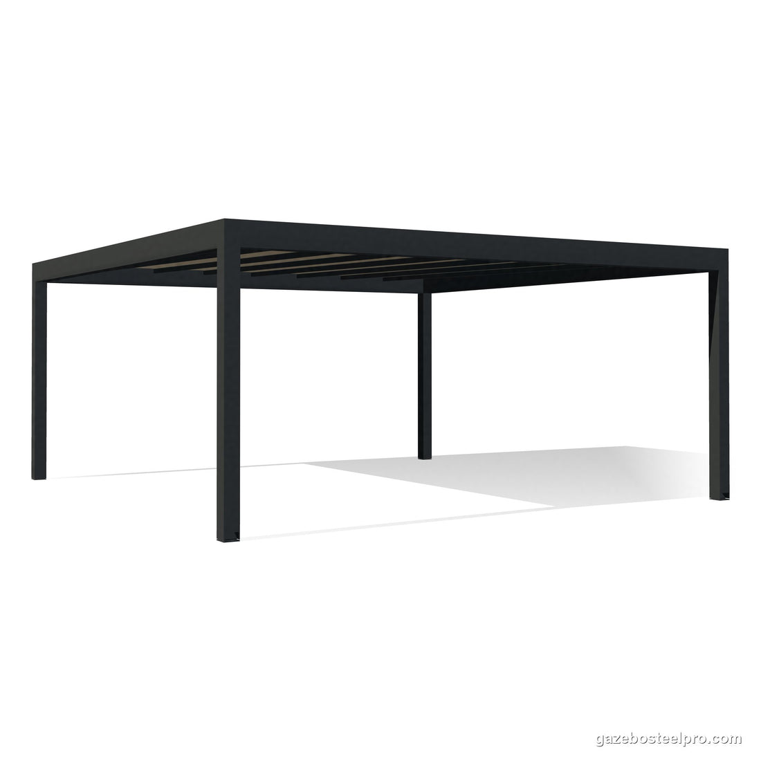 Pergola QBox Linea Medium 6 × 6 m autoportante con copertura fissa, vista 3D di tre quarti
