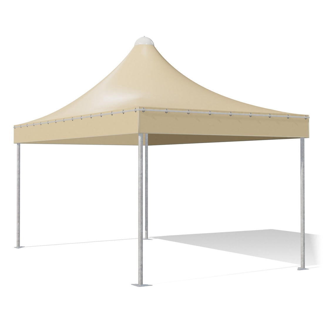 Gazebo 3x5 Airone Basic in acciaio zincato con montanti tondi Ø60 e telo beige, tetto a punta, vista di tre quarti