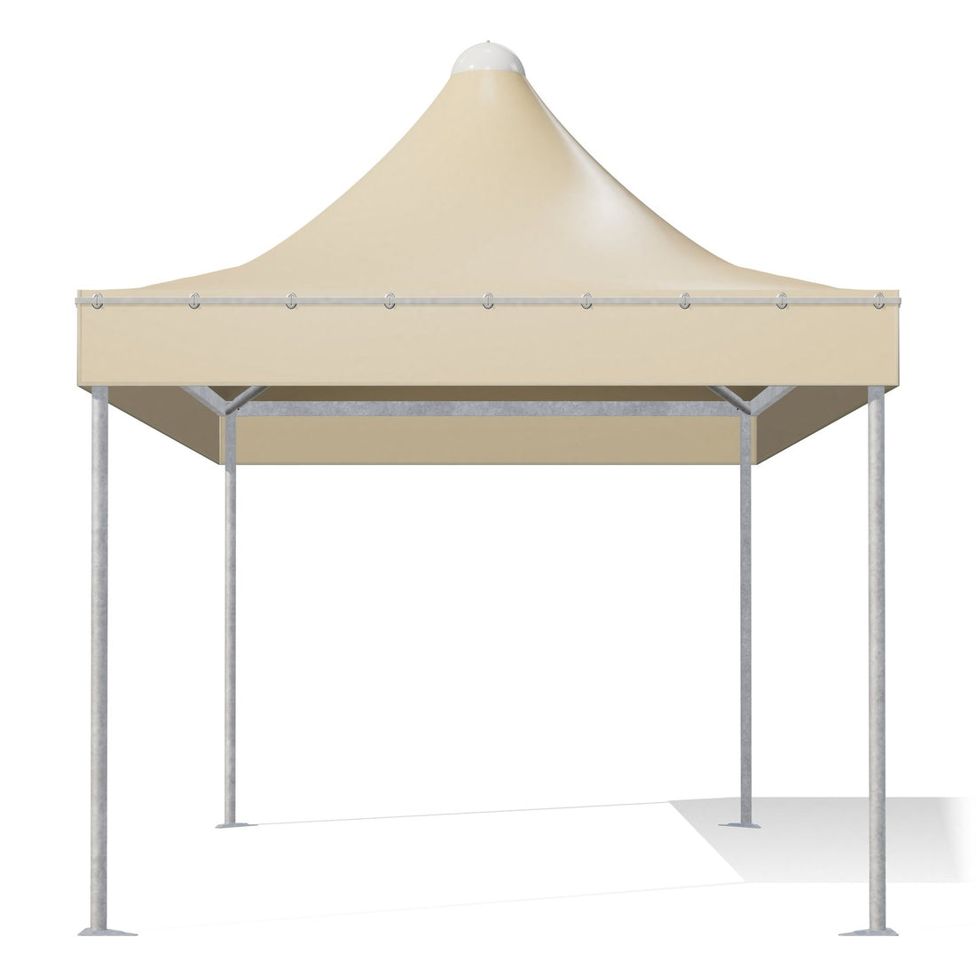 Gazebo 3x5 Airone Basic visto di fronte: montanti tondi Ø60 zincati, travi perimetrali e traverse sotto il telo beige RAL 1014