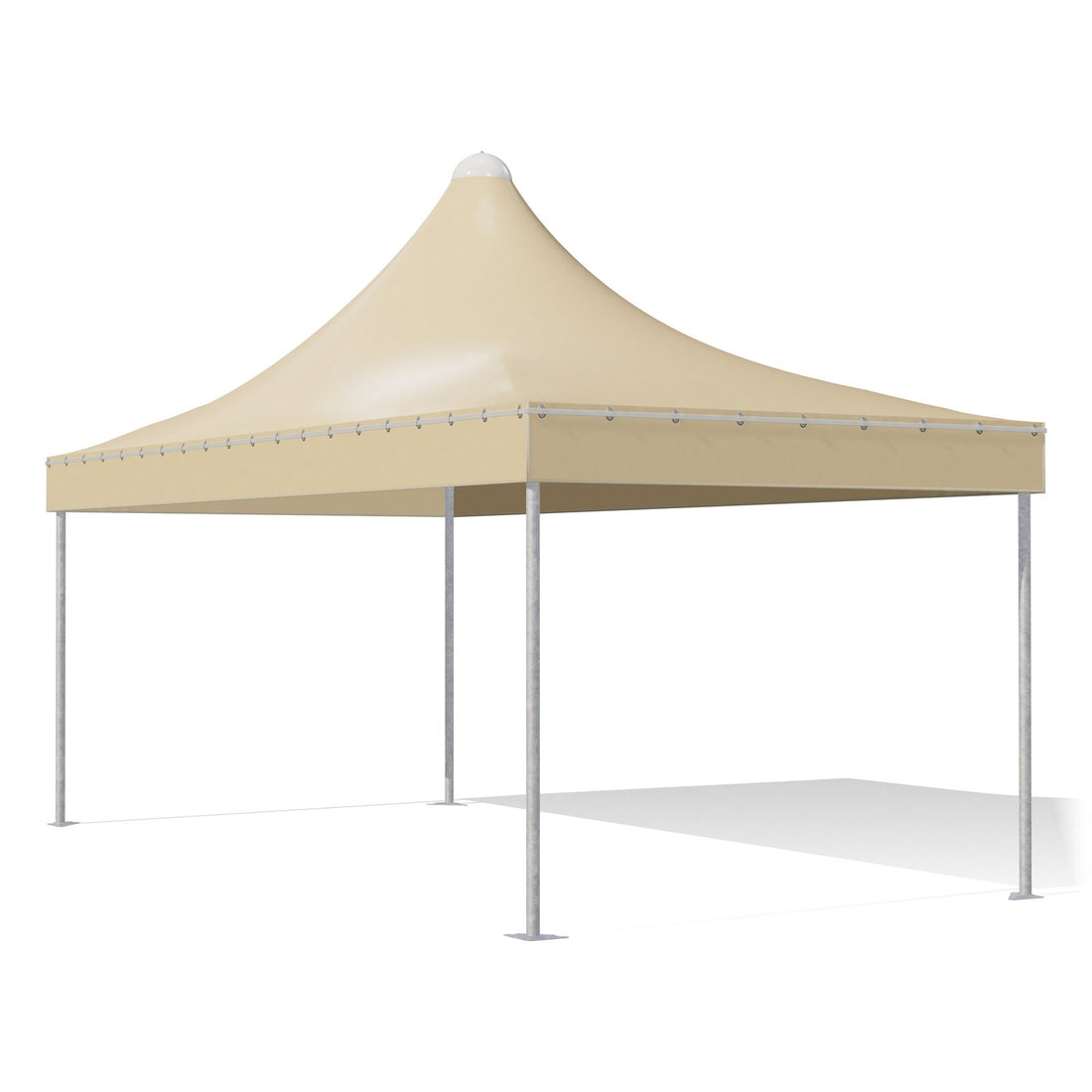 Gazebo 3x6 Airone Basic in acciaio zincato con montanti tondi Ø60 e telo beige, tetto a punta, vista di tre quarti