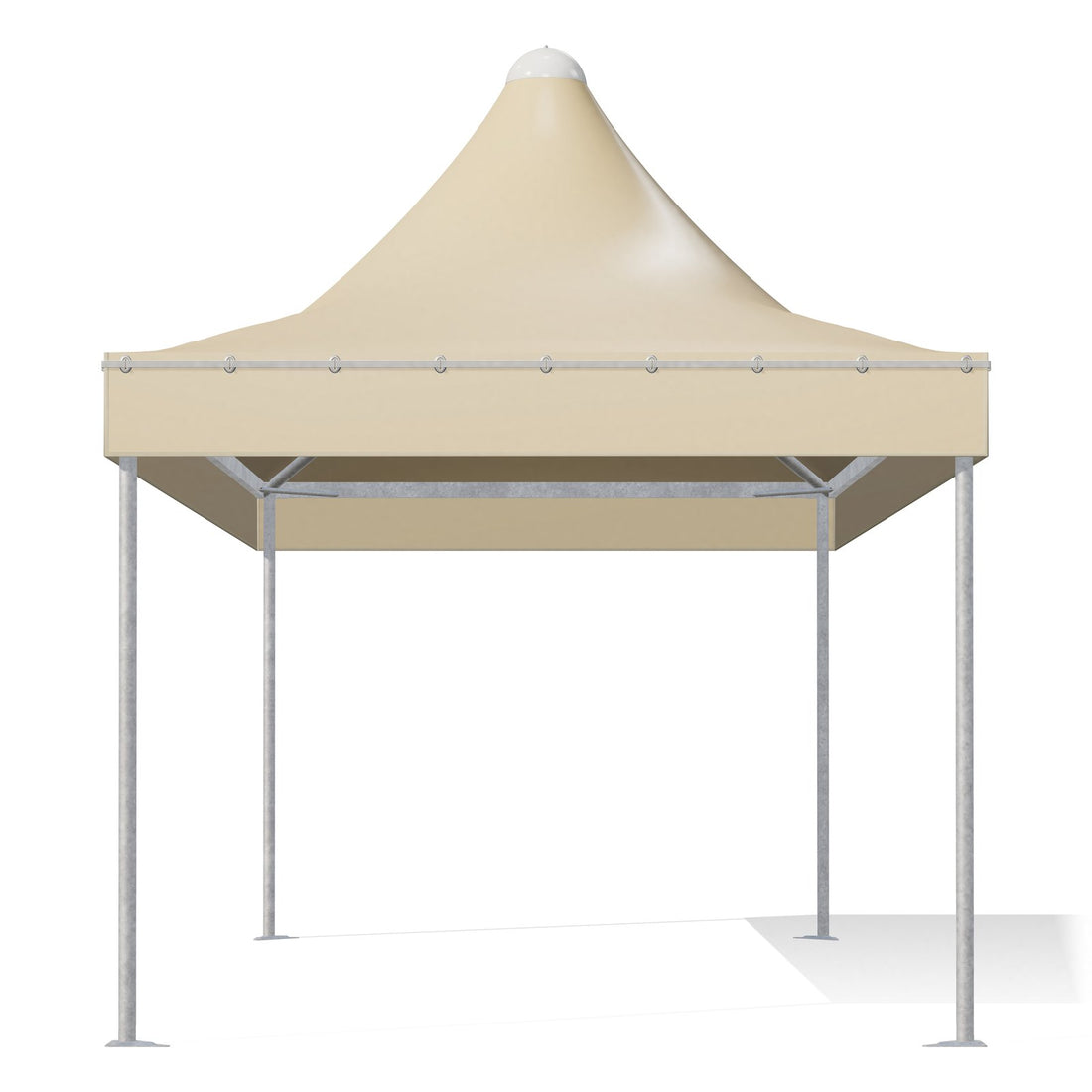 Gazebo 3x6 Airone Basic visto di fronte: montanti tondi Ø60 zincati, travi perimetrali e traverse sotto il telo beige RAL 1014