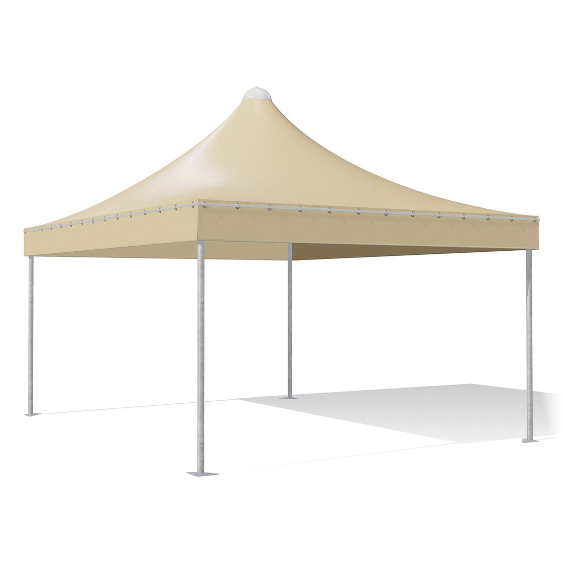 Gazebo 4x5 Airone Basic in acciaio zincato con montanti tondi Ø60 e telo beige, tetto a punta, vista di tre quarti