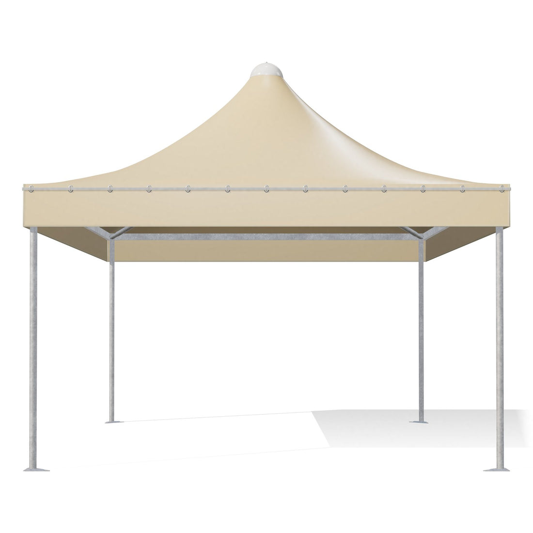 Gazebo 4x5 Airone Basic visto di fronte: montanti tondi Ø60 zincati, travi perimetrali e traverse sotto il telo beige RAL 1014