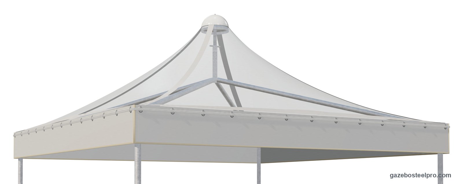 Gazebo Airone Basic con il tetto in PVC Cristal trasparente: si vedono le traverse e il cupolino, mantovana in PVC