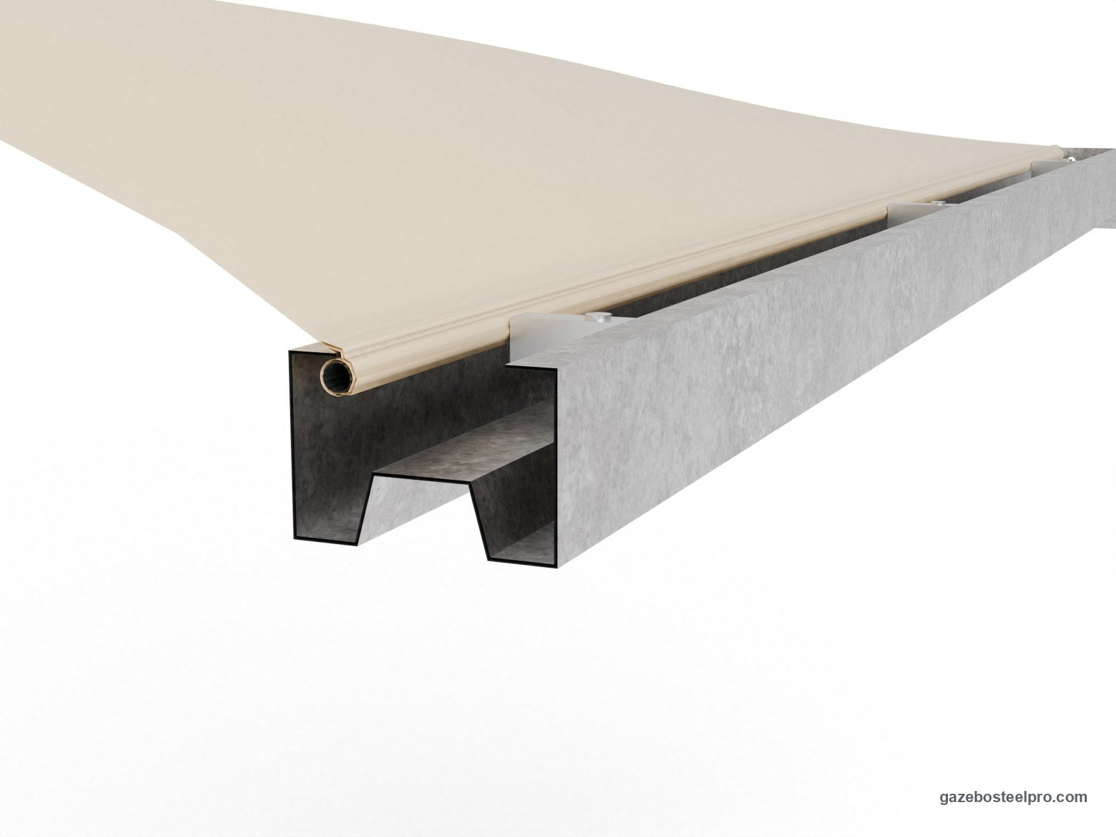 Trave a C dell'Airone Max Leggero tagliata: binario a trapezio sotto, gola con il tubo fermatelo e il telo, bussolotto blocca-telo (immagine 3D)