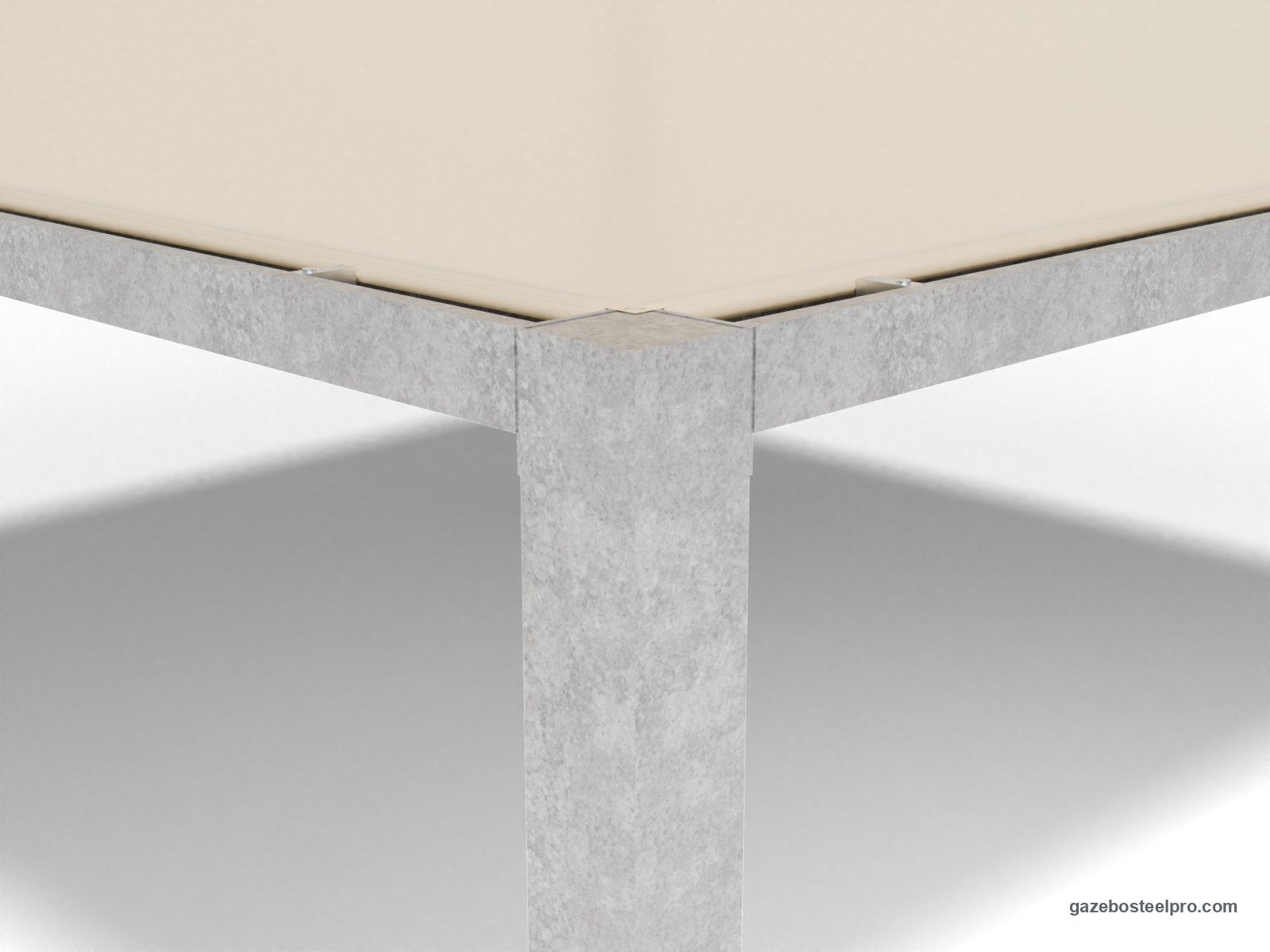 Angolo dell'Airone Max Leggero da fuori: montante 150×150 con il tappo, travi a C e telo nella gola (immagine 3D)