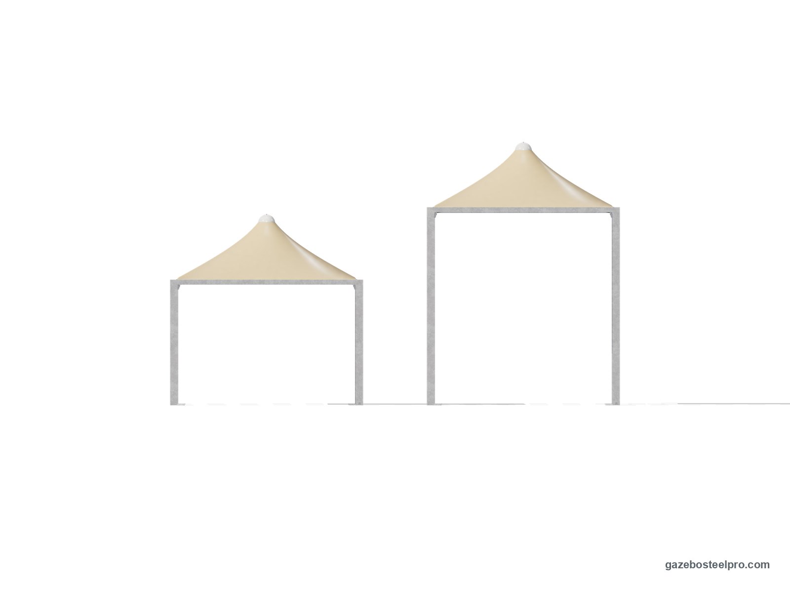 Lo stesso gazebo Airone Max Leggero 4x4 in prospetto a 2,50 m e a 4,00 m sotto la trave, con il tetto a punta beige