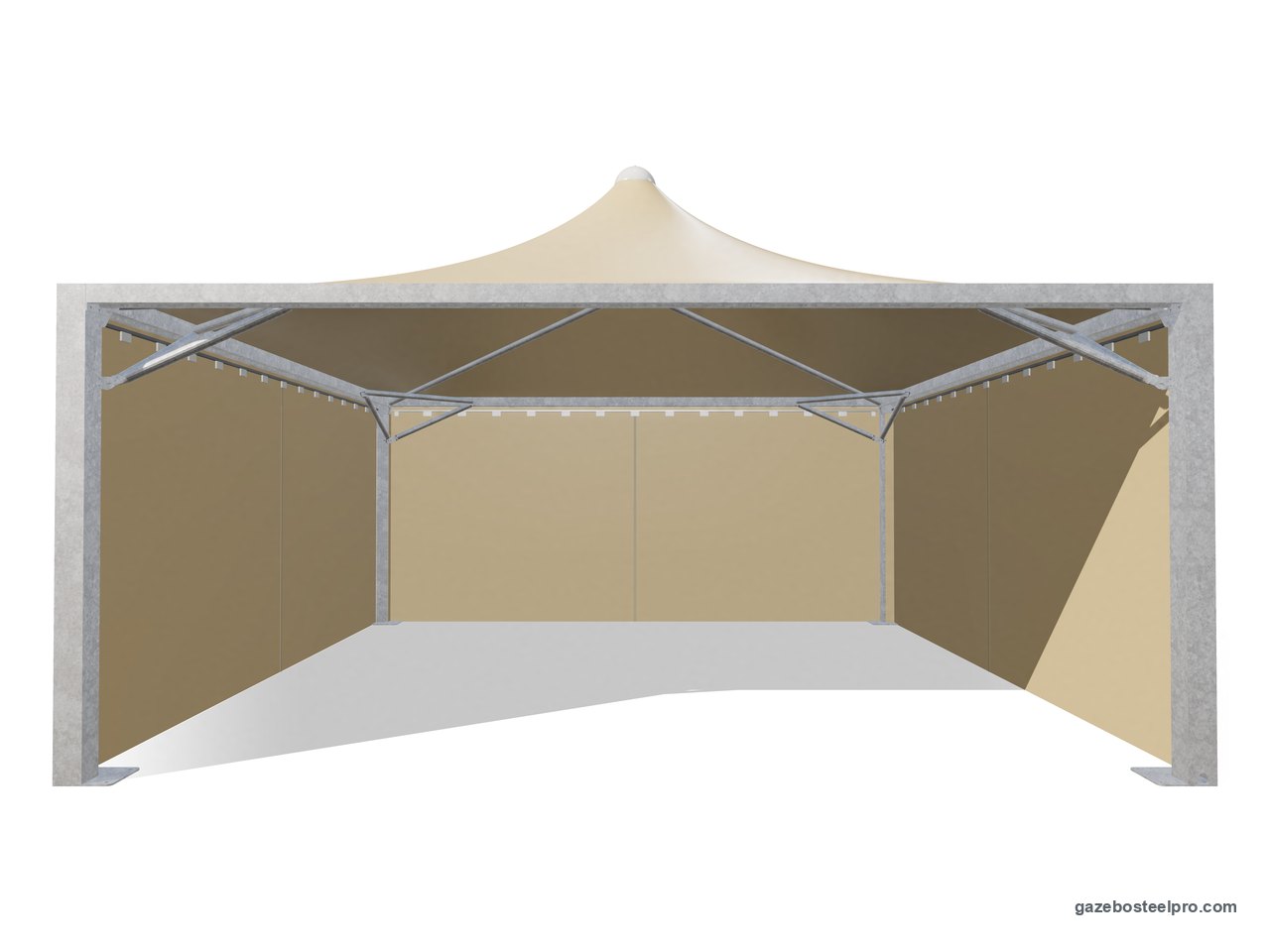 Gazebo Airone Max Leggero 6x6 con i laterali scorrevoli in PVC beige su tre lati, fronte aperto