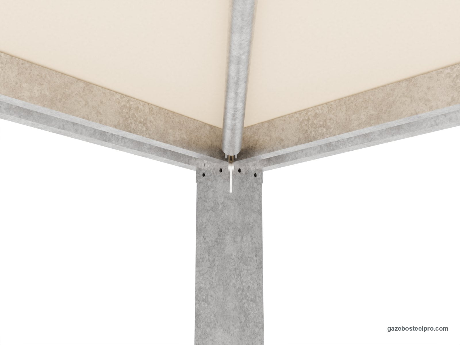 Testa del montante 150×150 dell'Airone Max Leggero da sotto: travi a C e traversa nel beccuccio d'angolo (immagine 3D)