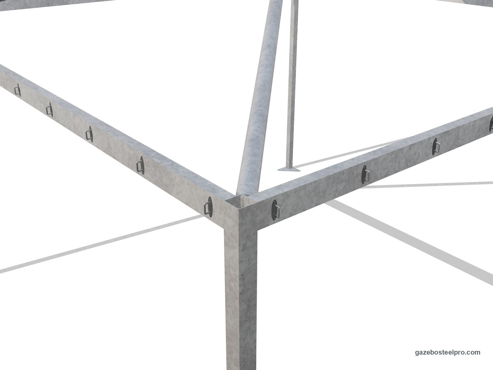 Angolo alto del gazebo Airone Quadro: montante quadro 60×60, giunto angolare, travi 80×40 con i cavallotti e traversa Ø60