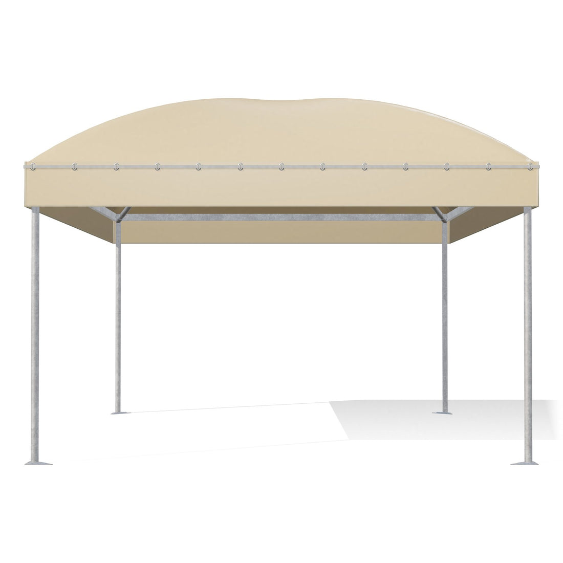 Gazebo 4x5 Gemma Basic visto di fronte: montanti tondi Ø60 zincati, barre perimetrali e archi sotto il telo beige RAL 1014