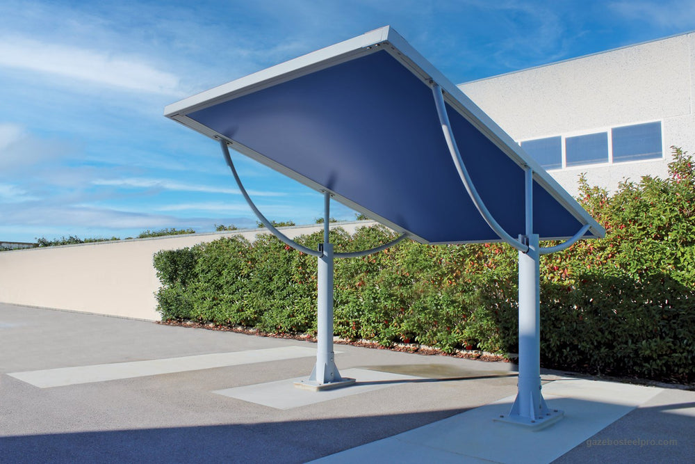 Carport Sunshine nella versione con piantoni tondi e bracci curvi in tubo