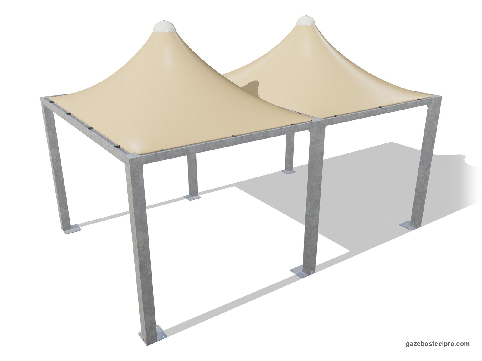Due gazebo 3x4 Airone Max Leggero affiancati sul lato da 4 m, con montanti e trave in comune, due tetti a punta beige