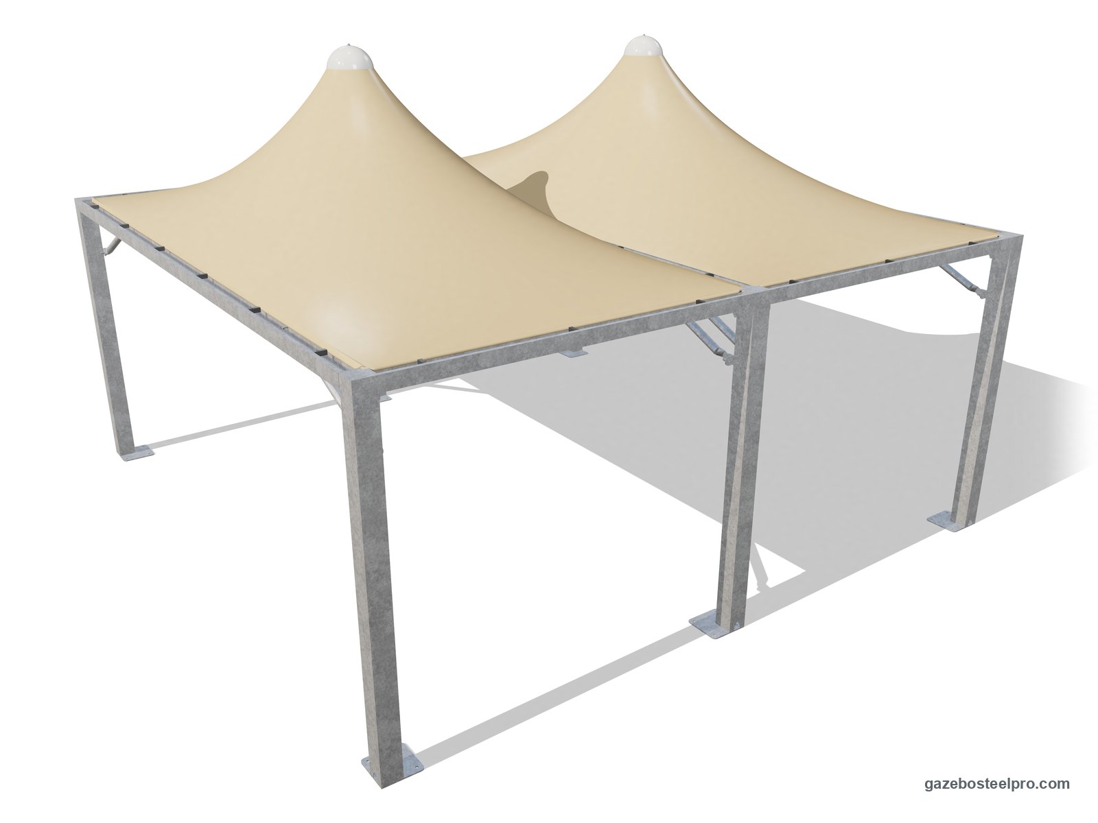 Due gazebo 3x6 Airone Max Leggero affiancati sul lato da 6 m, con montanti e trave in comune, due tetti a punta beige