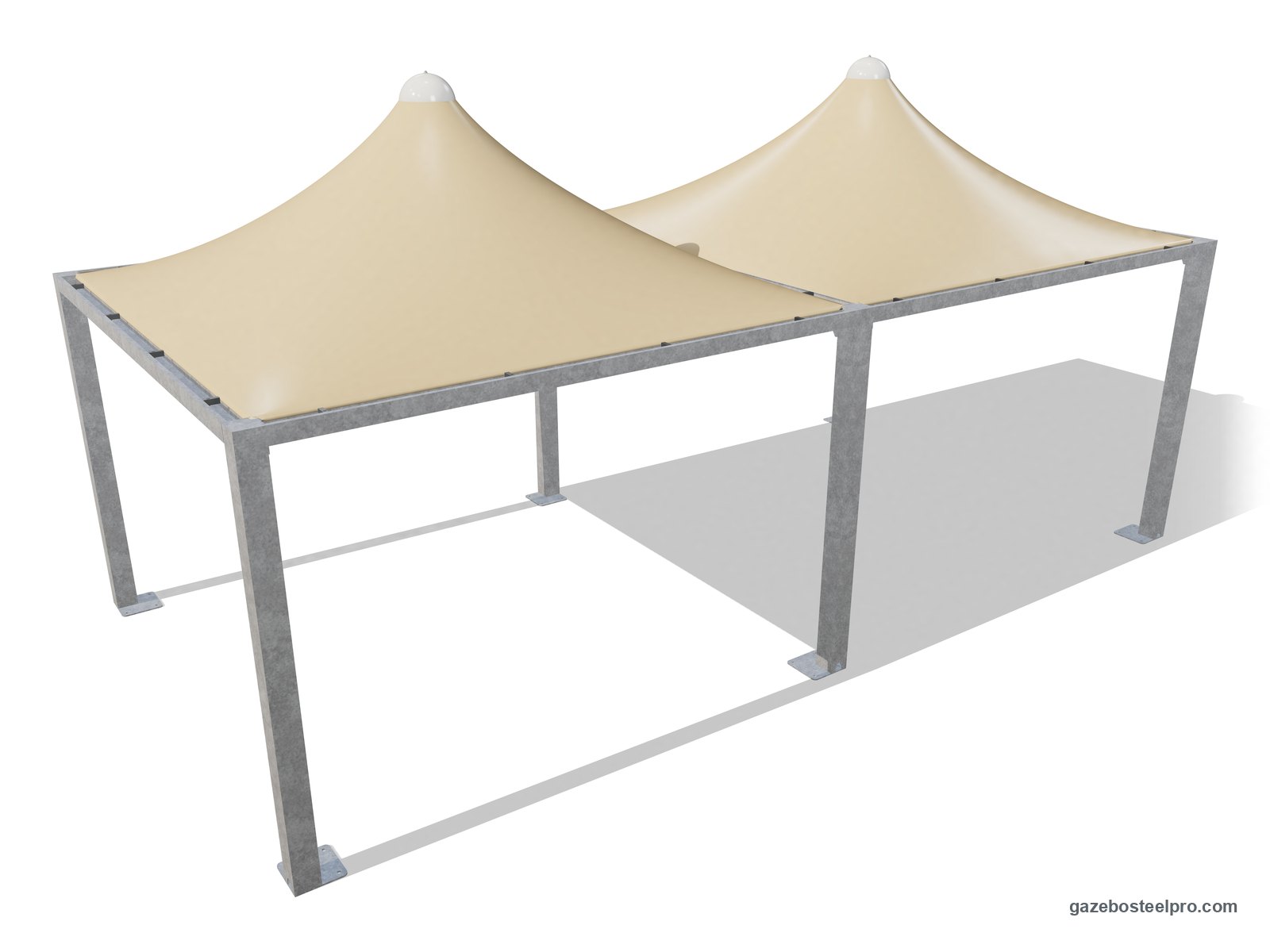 Due gazebo 4x4 Airone Max Leggero affiancati sul lato da 4 m, con montanti e trave in comune, due tetti a punta beige