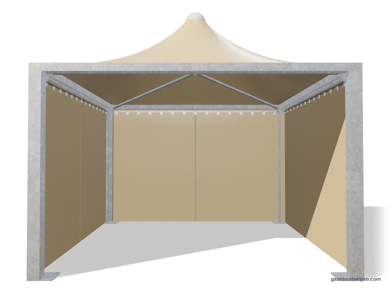 Gazebo 4x4 Airone Max Leggero con i laterali scorrevoli in PVC beige su tre lati, fronte aperto