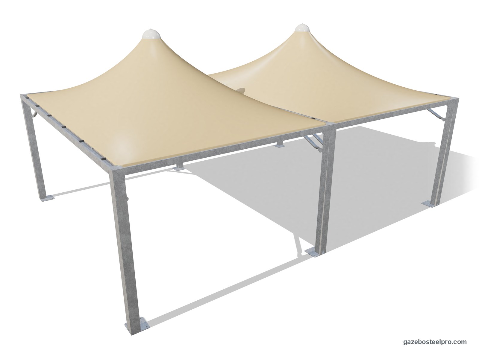 Due gazebo 4x6 Airone Max Leggero affiancati sul lato da 6 m, con montanti e trave in comune, due tetti a punta beige