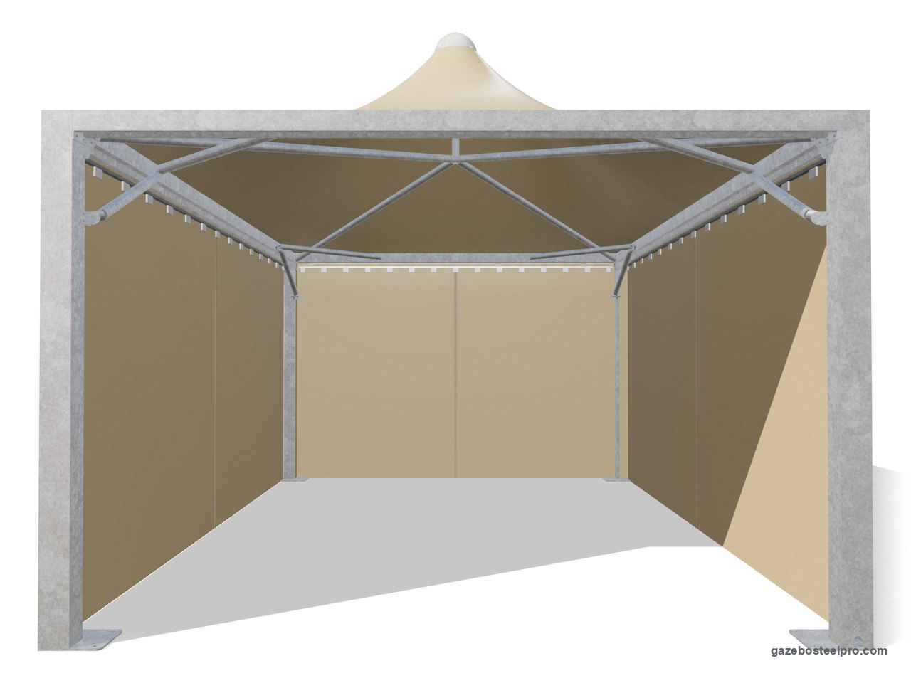 Gazebo 4x6 Airone Max Leggero con i laterali scorrevoli in PVC beige su tre lati, fronte aperto