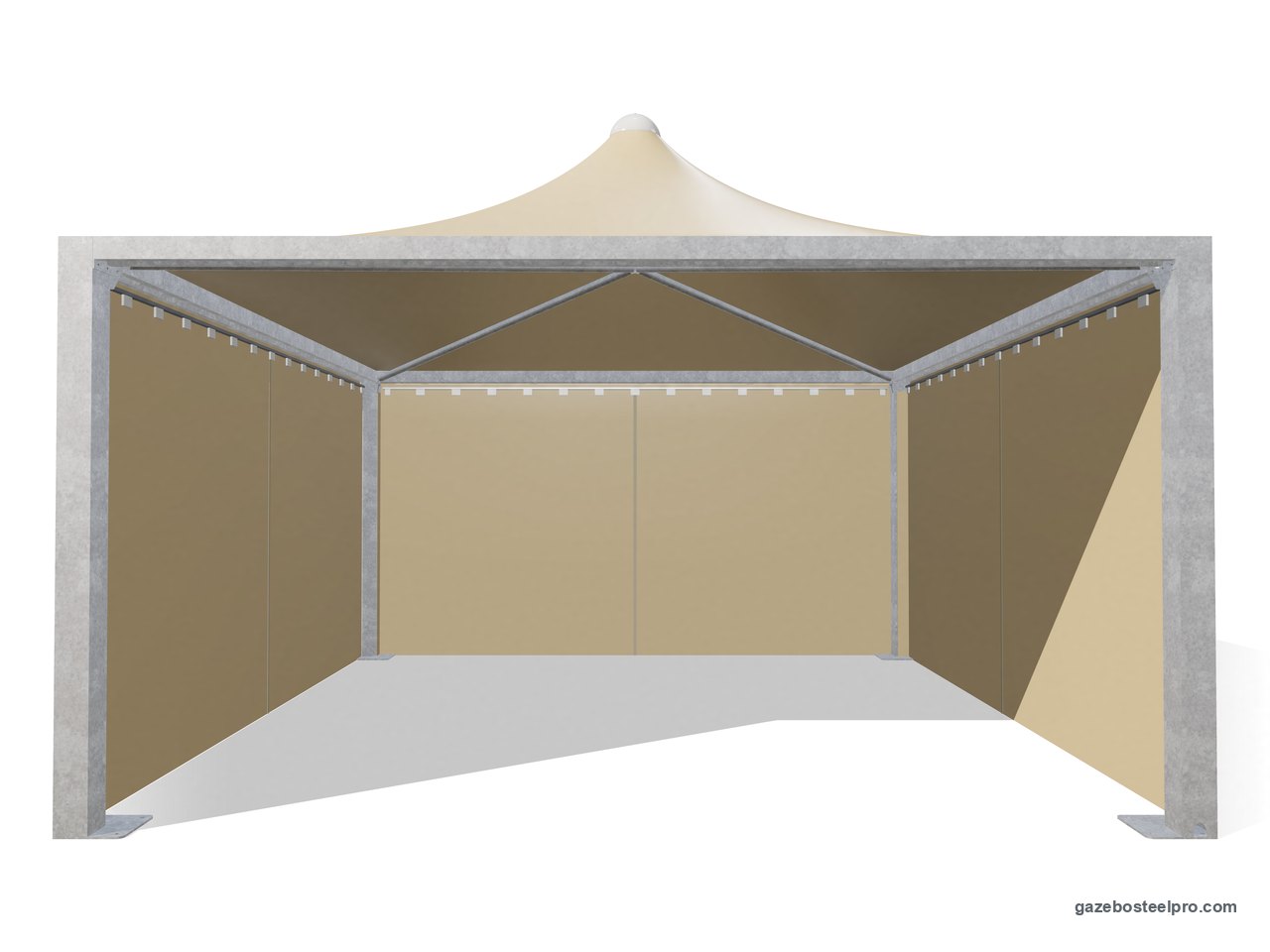 Gazebo 5x5 Airone Max Leggero con i laterali scorrevoli in PVC beige su tre lati, fronte aperto