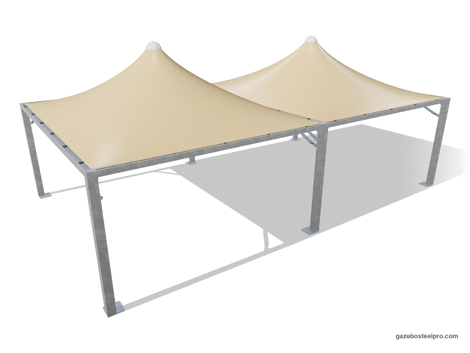 Due gazebo 5x6 Airone Max Leggero affiancati sul lato da 6 m, con montanti e trave in comune, due tetti a punta beige