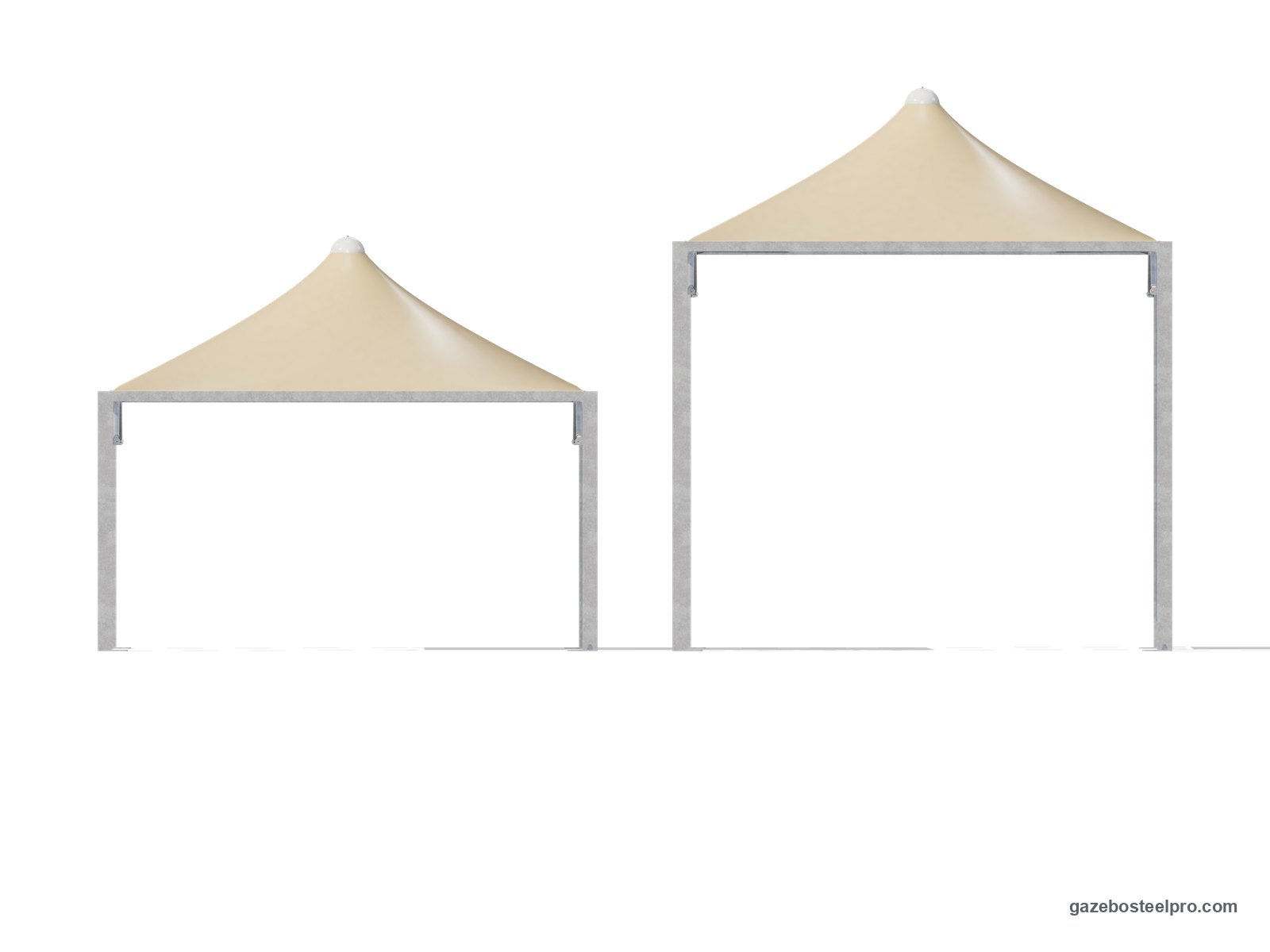 Lo stesso gazebo 5x6 Airone Max Leggero in prospetto a 2,50 m e a 4,00 m sotto la trave, con il tetto a punta beige