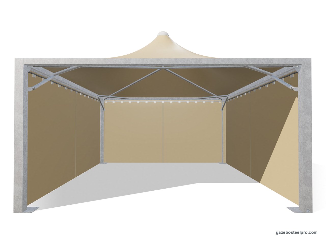 Gazebo 5x6 Airone Max Leggero con i laterali scorrevoli in PVC beige su tre lati, fronte aperto