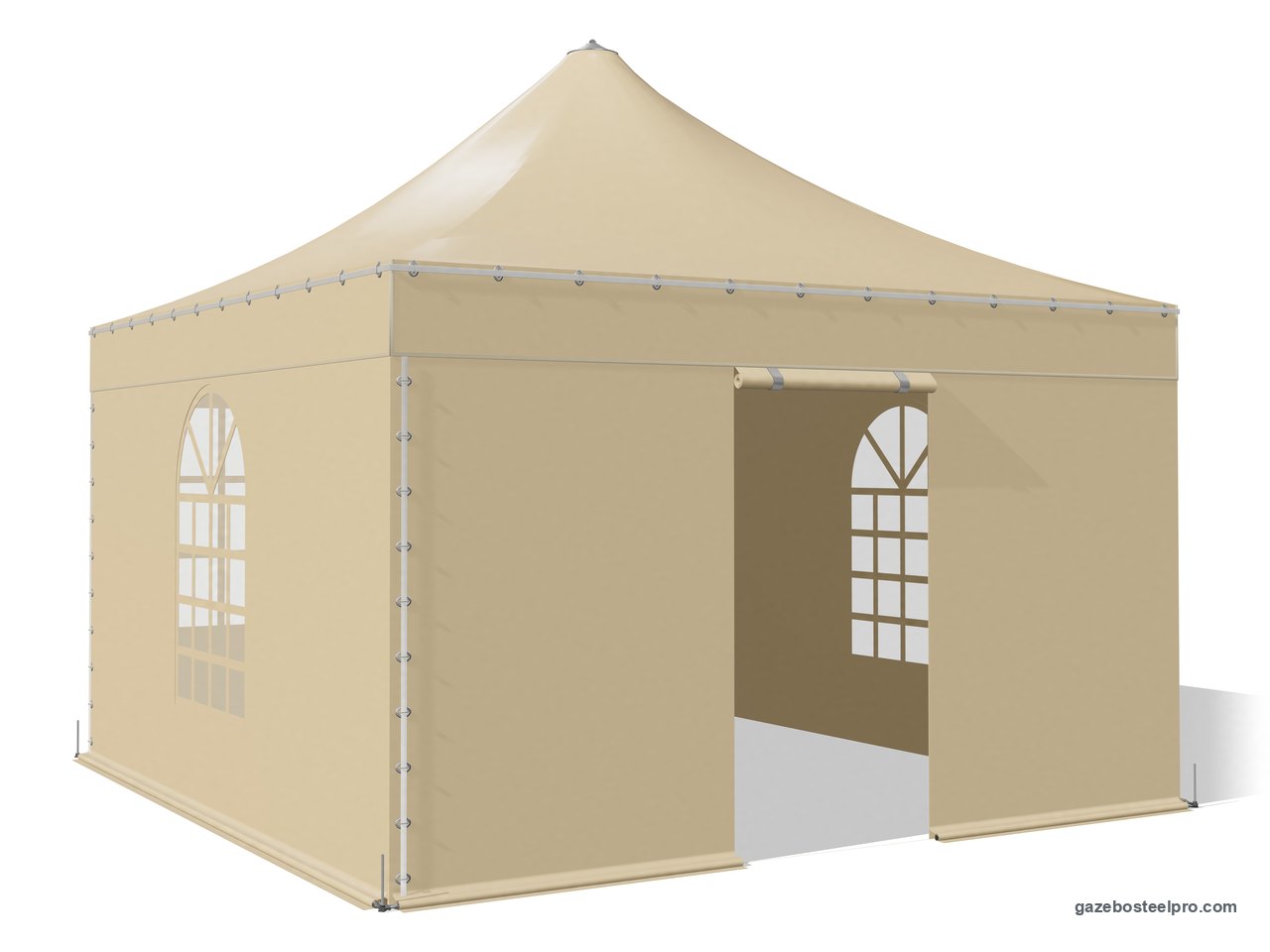 Gazebo Corallo Light chiuso su quattro lati, con la porta avvolgibile arrotolata sul fronte