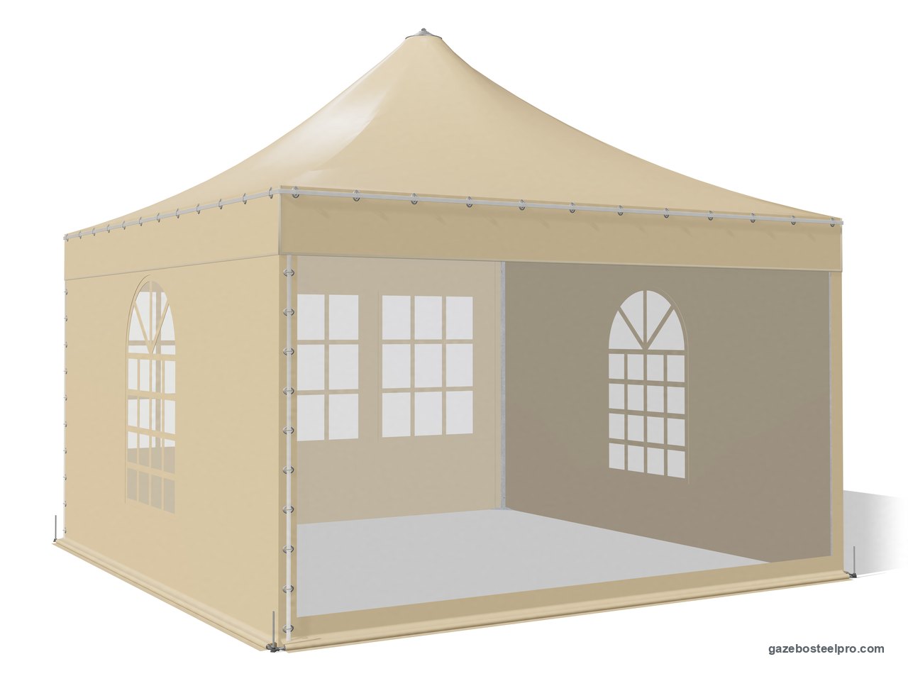 Gazebo Corallo Light con il fronte chiuso dalla parete trasparente in Cristal bordata in PVC e pareti con finestre sugli altri lati