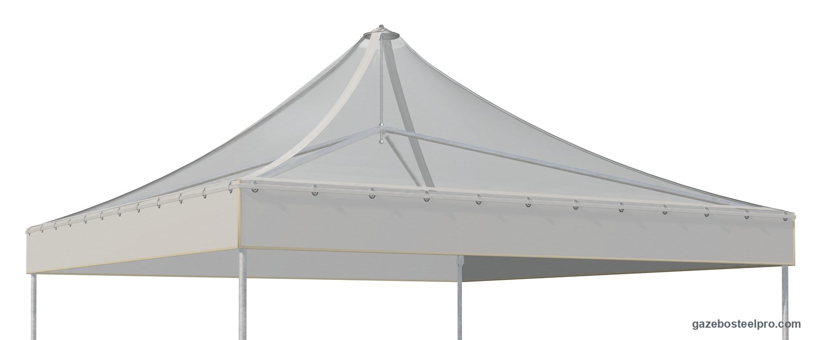 Gazebo Corallo Light con il tetto in PVC Cristal trasparente: attraverso il telo si vedono le traverse, il giunto centrale e i piattelli, mantovana in PVC