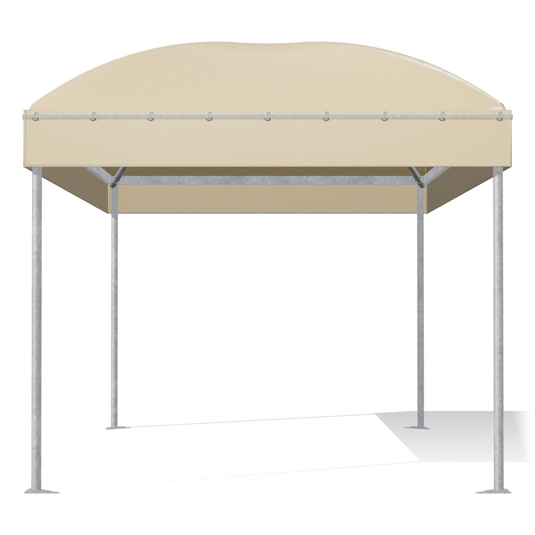 Gazebo 3x5 Gemma Basic visto di fronte: montanti tondi Ø60 zincati, barre perimetrali e archi sotto il telo beige RAL 1014