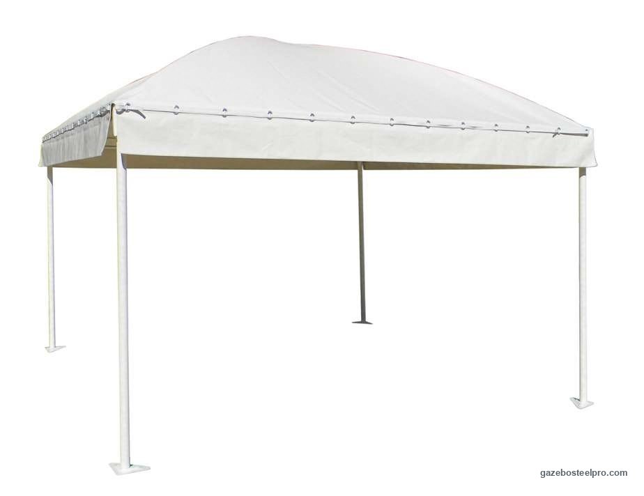 Gazebo Gemma Basic montato, con la struttura verniciata bianca e il telo bianco, foto vera