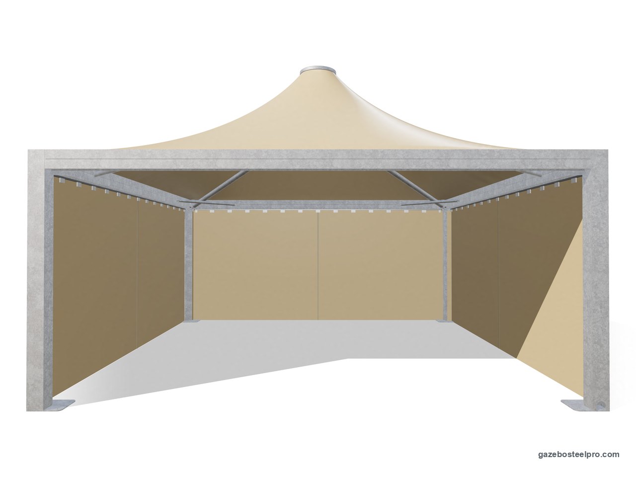 Gazebo 6x6 Airone Max Pesante con i laterali scorrevoli in PVC beige su tre lati, fronte aperto