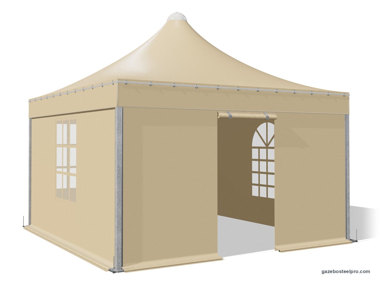Gazebo Airone Quadro chiuso su quattro lati, con finestre Crystal rettangolari e ad arco e porta avvolgibile arrotolata