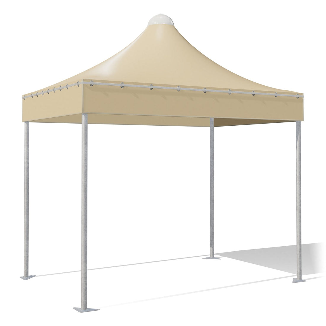 Gazebo 3x2 Airone Corallo in acciaio zincato con montanti tondi Ø60 e tetto a punta, telo beige RAL 1014, vista 3D di tre quarti