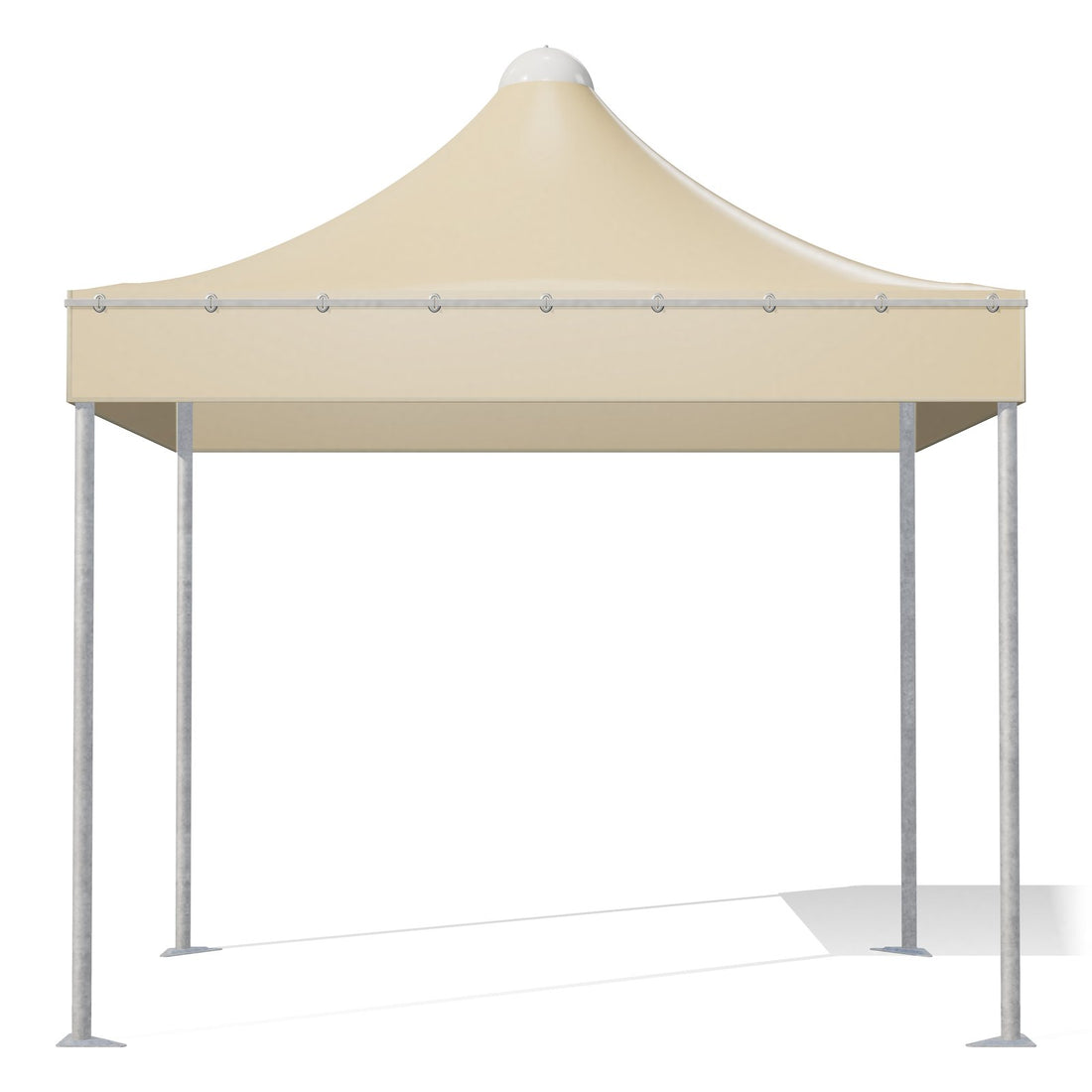 Gazebo 3x2 Airone Corallo visto di fronte: montanti tondi Ø60 zincati, travi perimetrali e traverse sotto il telo beige RAL 1014