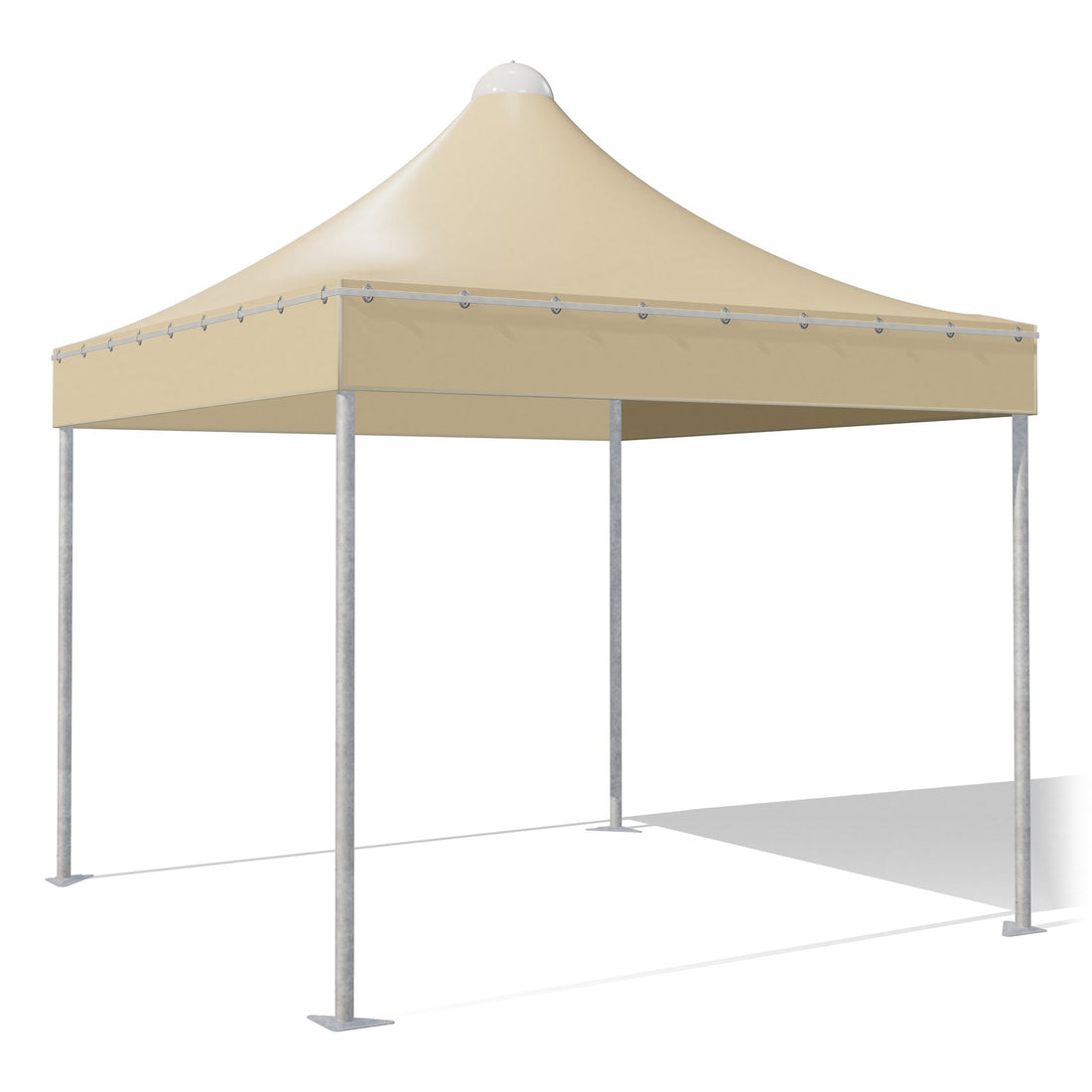 Gazebo 3x3 Airone Corallo in acciaio zincato con montanti tondi Ø60 e tetto a punta, telo beige RAL 1014, vista 3D di tre quarti