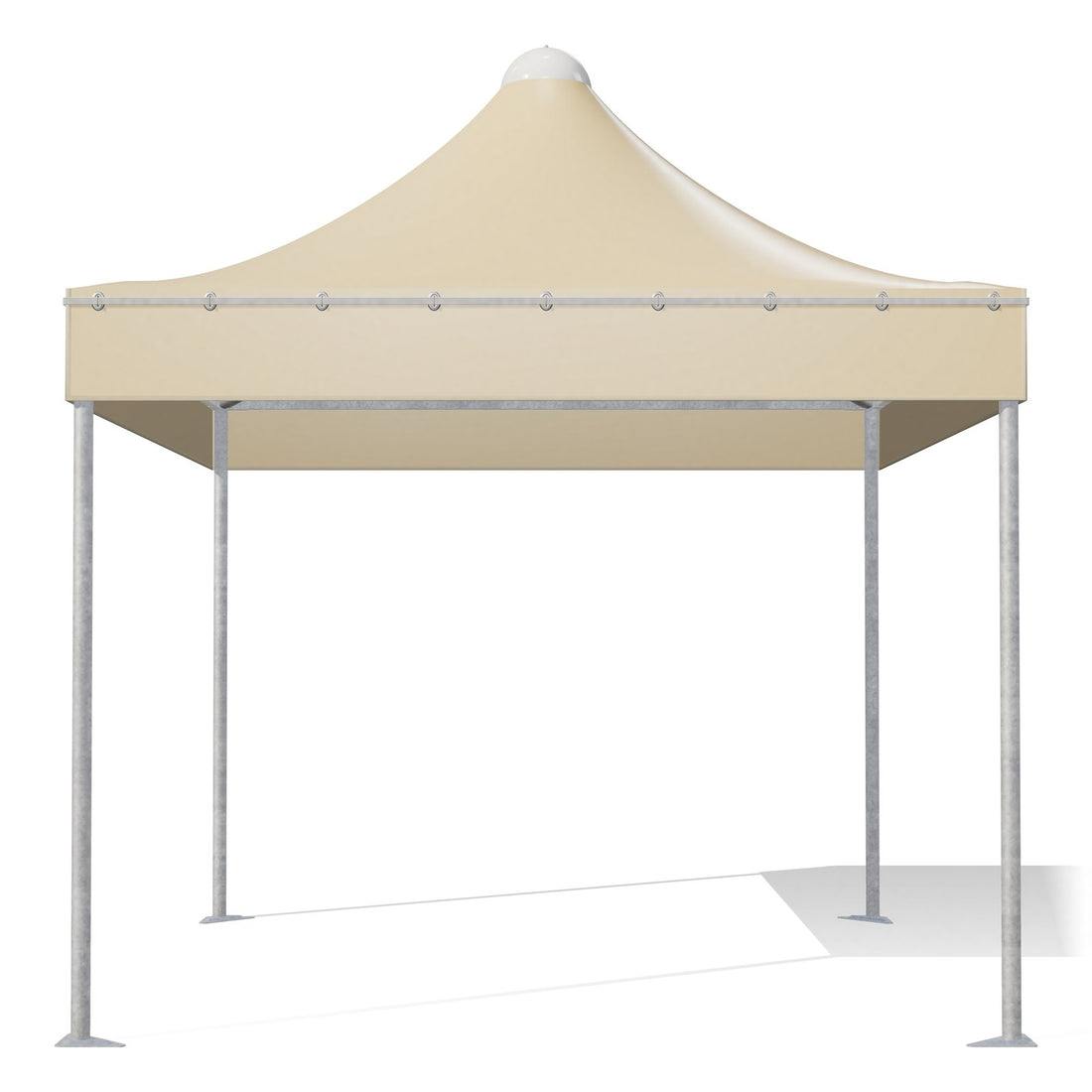 Gazebo 3x3 Airone Corallo visto di fronte: montanti tondi Ø60 zincati, travi perimetrali e traverse sotto il telo beige RAL 1014