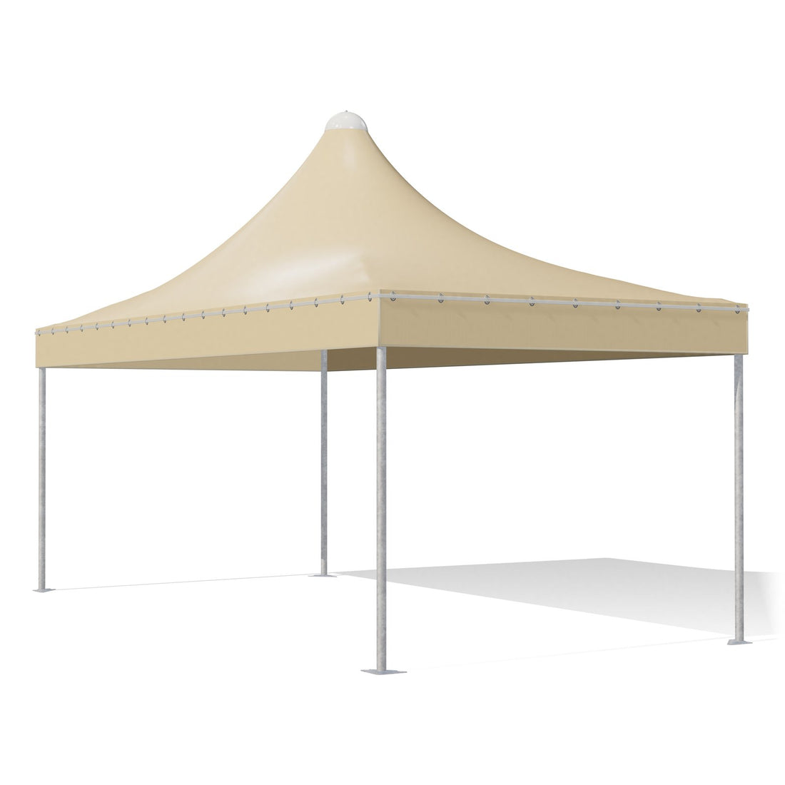 Gazebo 3x6 Airone Corallo in acciaio zincato con montanti tondi Ø60 e tetto a punta, telo beige RAL 1014, vista 3D di tre quarti