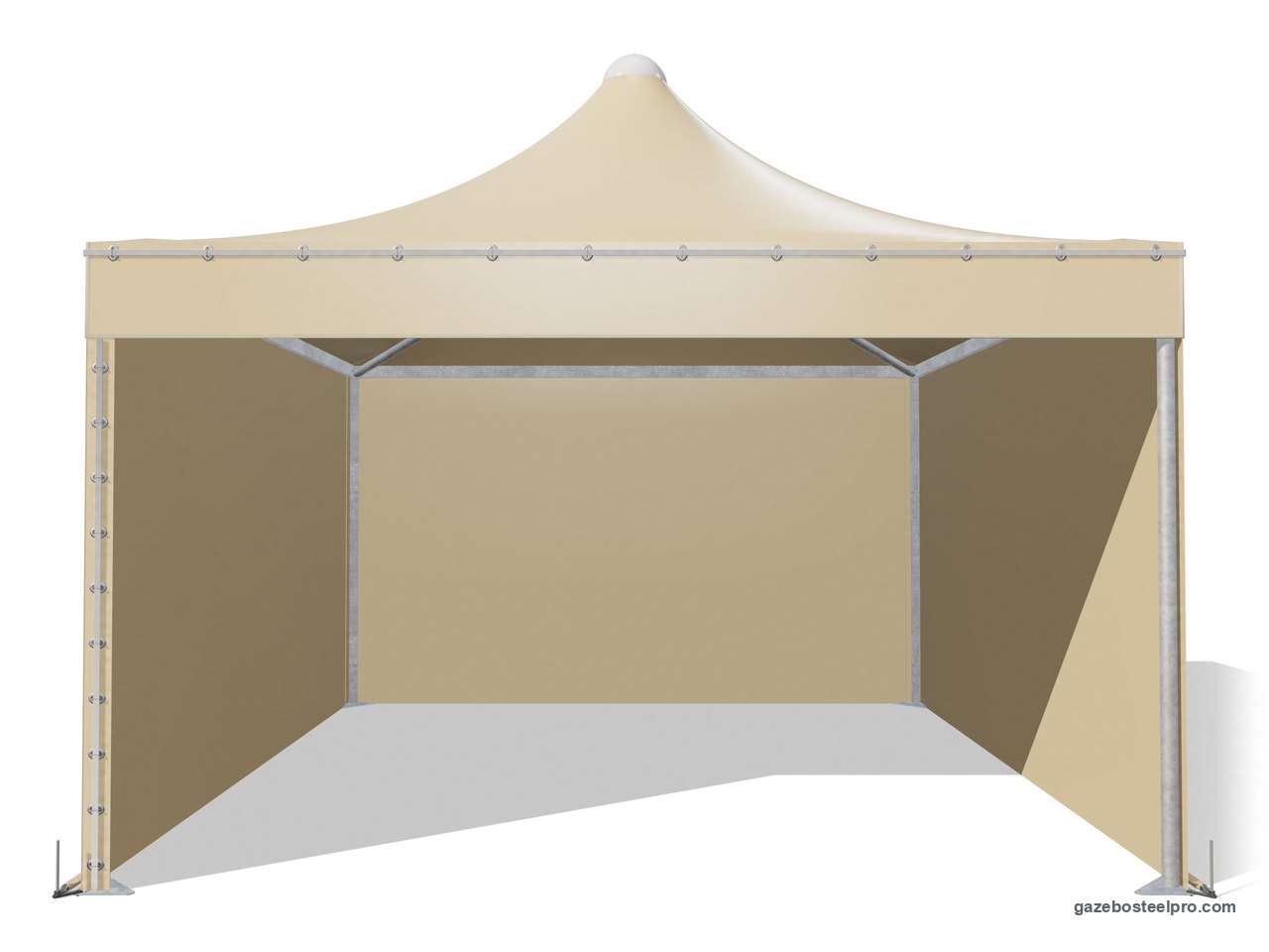 Gazebo Airone Corallo chiuso su tre lati con le pareti in PVC, fronte aperto