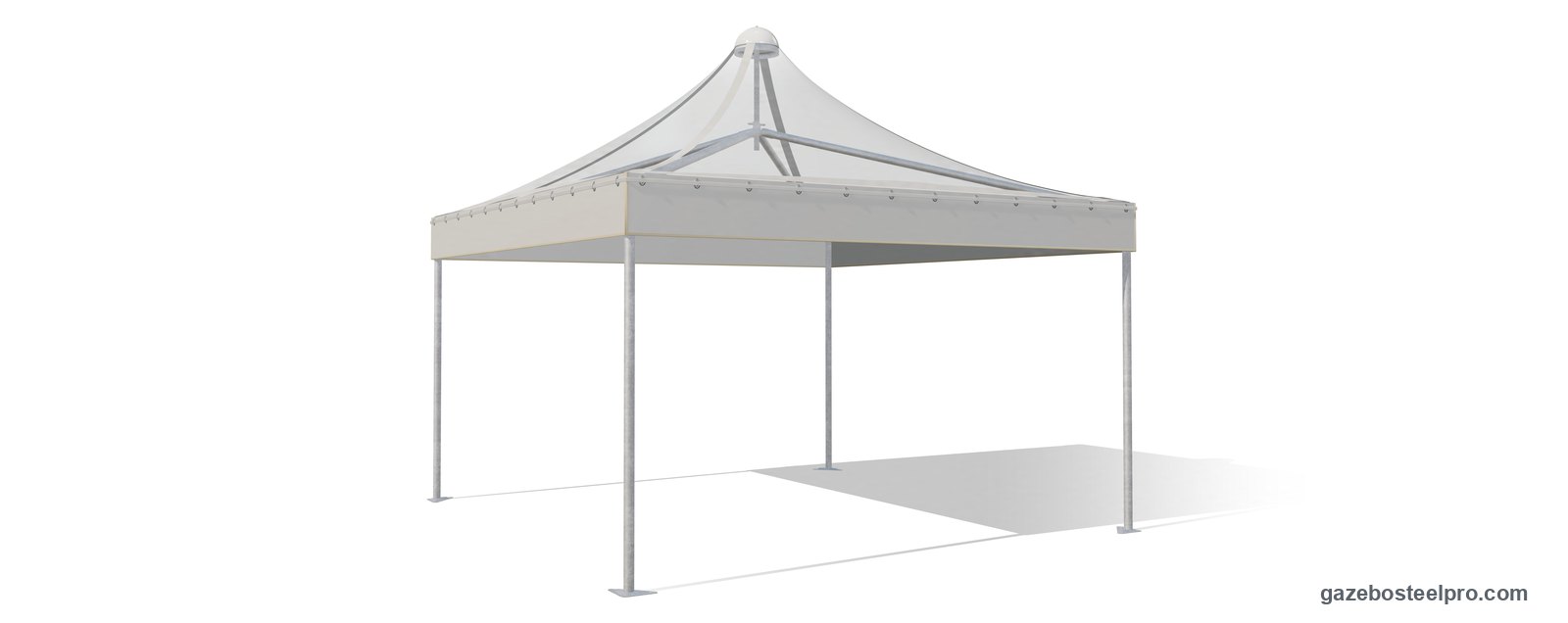 Gazebo Airone Corallo con il tetto in PVC Cristal trasparente: attraverso il telo si vedono le traverse e il cupolino, mantovana in PVC