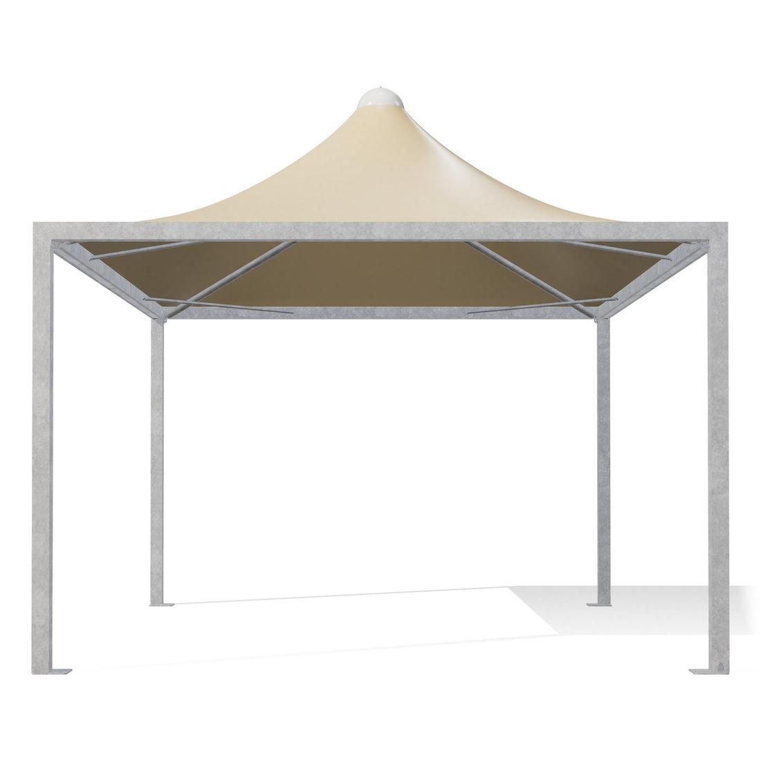 Gazebo 4x5 Airone Middle di fronte: montanti 100×100 zincati e tetto a punta con telo beige RAL 1014